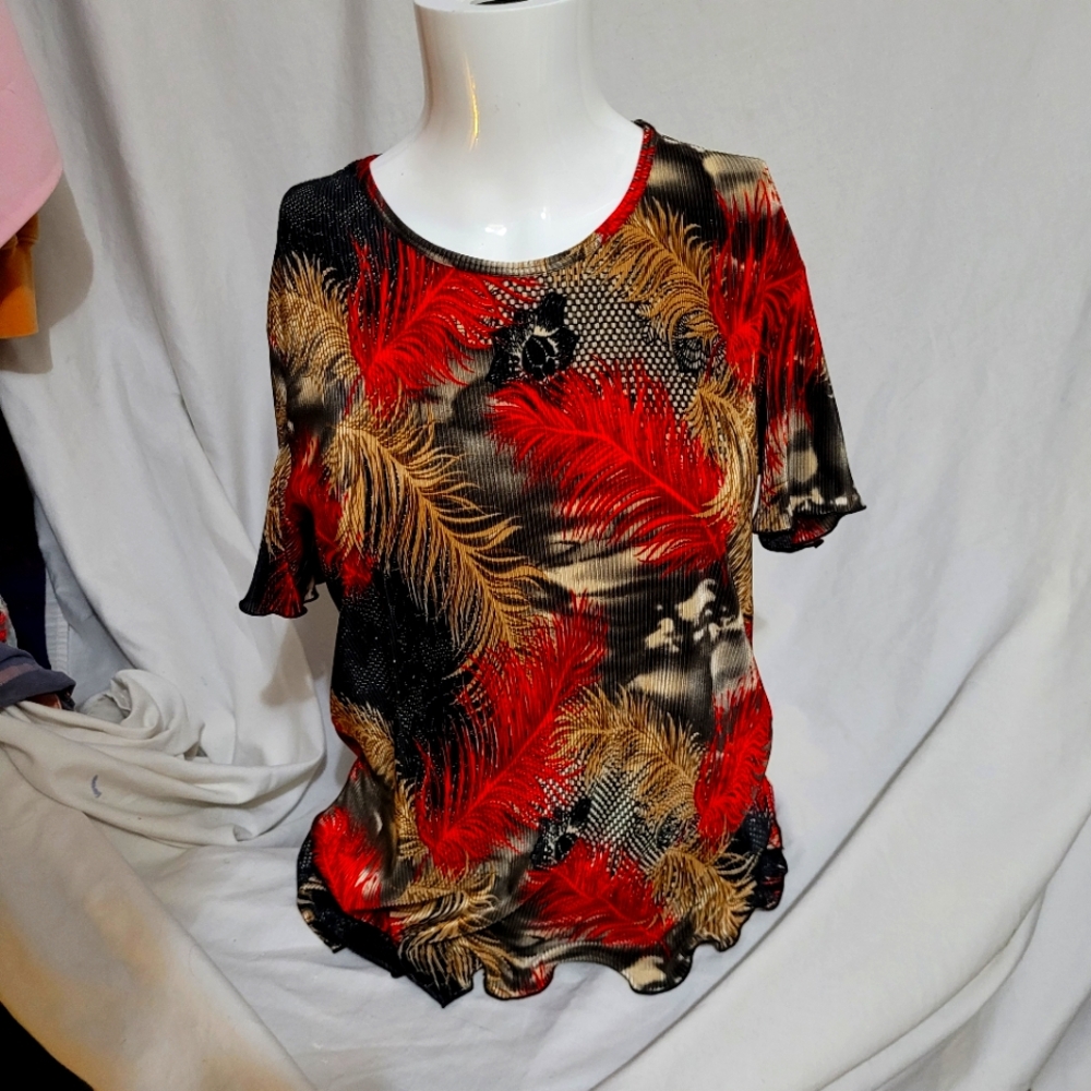 Red and Gold Ruffled Short Sleeve Blouse